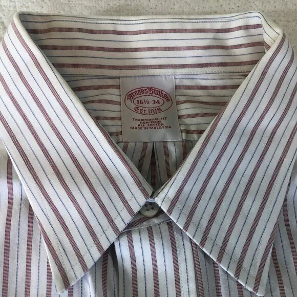 Brooks Brothers 1818 Mens Size 16 1/2 34 Shirt 100% Cotton Orange Blue Stripe - Picture 5 of 9
